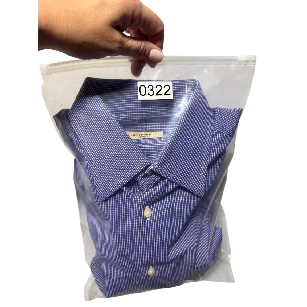 Burberry London Button-Up Dress Shirt Men's 15 Blue White Micro-Check Curved Hem - Picture 14 of 14